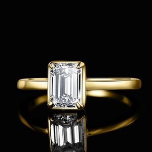 Certified 14K Gold 1 Carat Emerald Cut Diamond Engagement Ring  Bezel Set Bridal